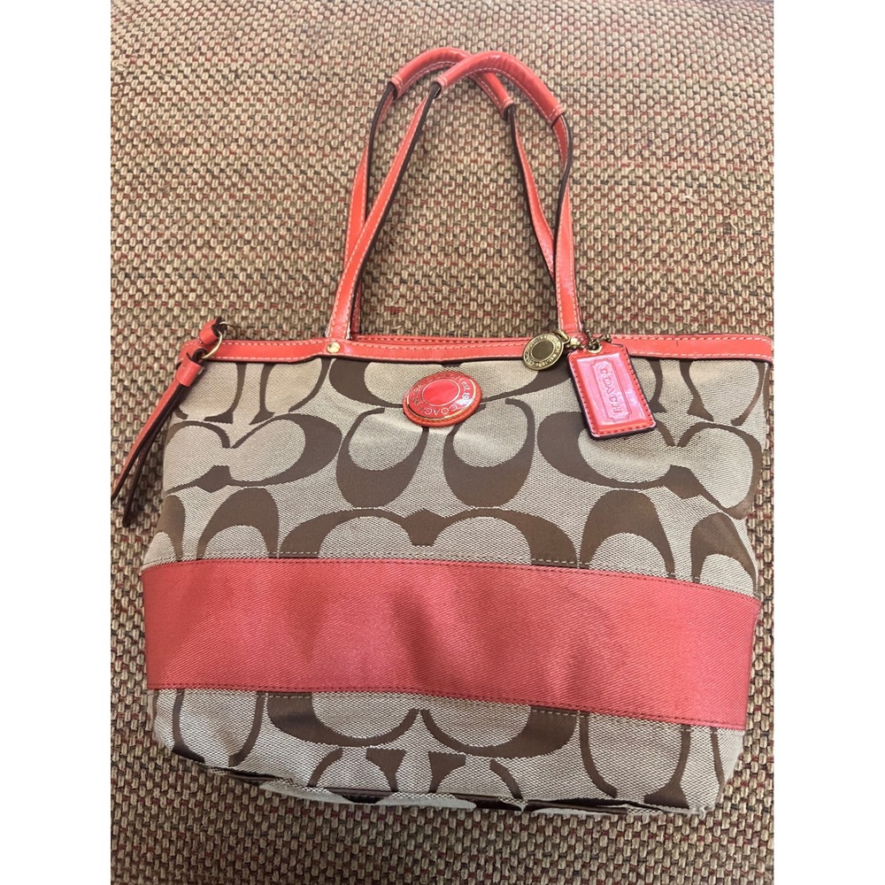 Coach Signature Stripe Tote Khaki Coral Patent Leather Shoulder Bag F19046